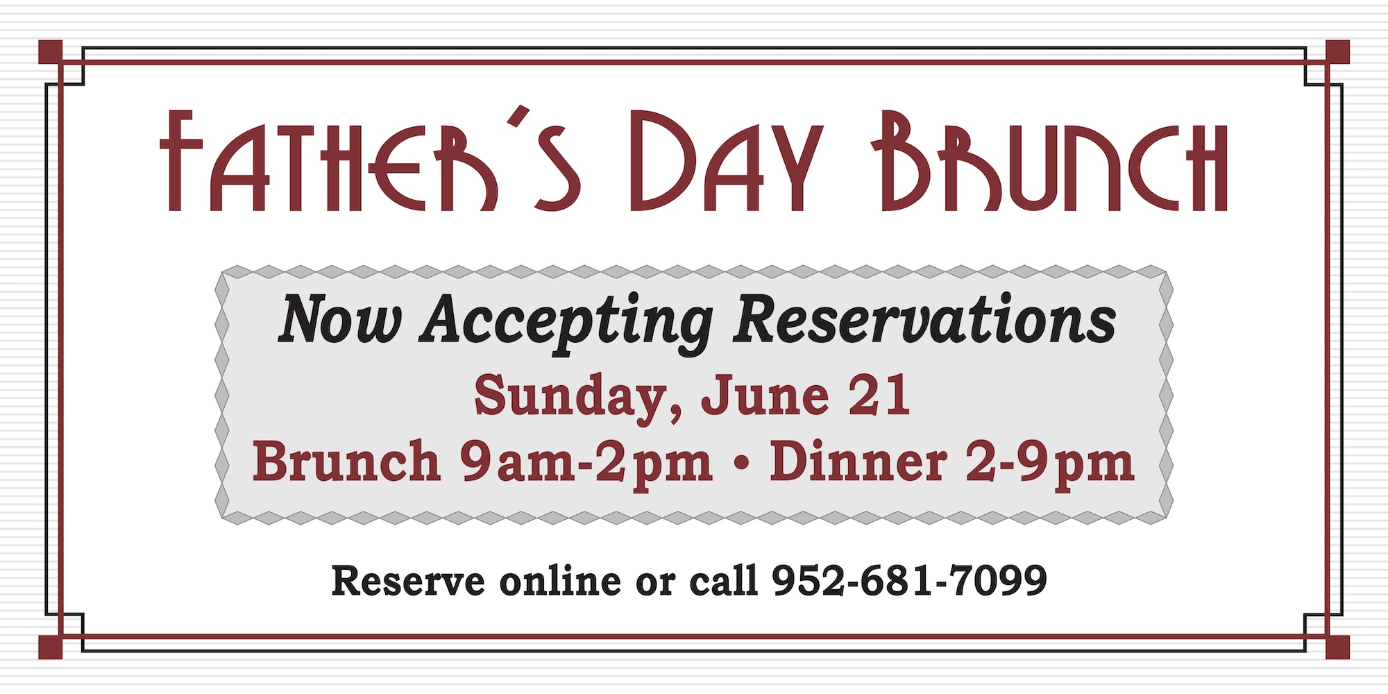 Ike's Father's Day Brunch Now Accepting Reservations. Sunday June 21. Brunch 9am-2pm - Dinner 2pm-9pm